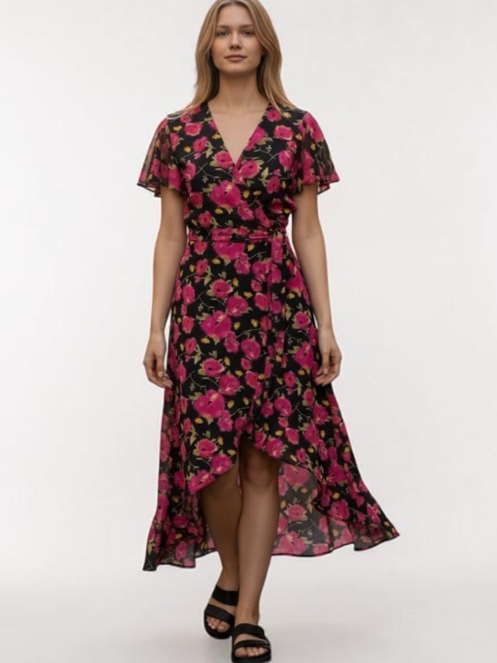 Abound Black Wrap Dress with Pink Floral Print